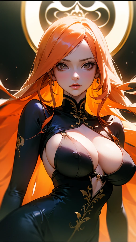 a beautiful detailed portrait of Rangiku Matsumoto, a female shinigami with long orange hair, perfect body proportions, big breasts, cleavage, hands at chest, extremely detailed high quality realistic face, eyes, nose, lips, skin, hair, detailed hands and fingers, dramatic room background, masterpiece, 8k, best quality, photorealistic, studio lighting, physically-based rendering, vivid colors, bokeh