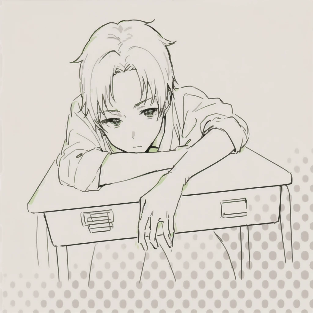 Anime boy sitting at a desk, resting his head on his hand, line art!!, by Naka Bokunen, perfect linear, clean anime outlines, sitting at his desk, handsome anime pose, hand on his cheek, line sketch!!, relaxed posture, linear, clean linear, in manga style, anime style, anime style, anime pose