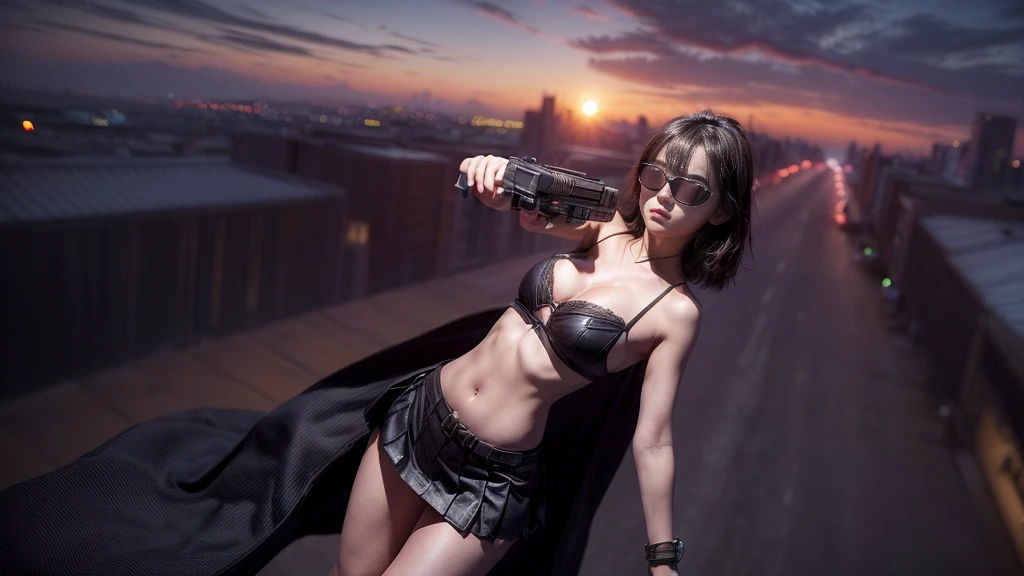 (((At night, ((very dark sunset sky)), (((1girl, solo))), a western woman, photo realistic, large-breast:1.2 slim body, cleavage, off tube top, short pleated miniskirt, standing on rooftop, (matrix style black sunglasses), (((aiming towards viewer with a short:0.8 pistol))), half-body thigh level medium:1.2 shot))). In the background, simple aerial view of a sci-fi futuristic city, neon light, (((flying vehicle speeding towards viewer))).