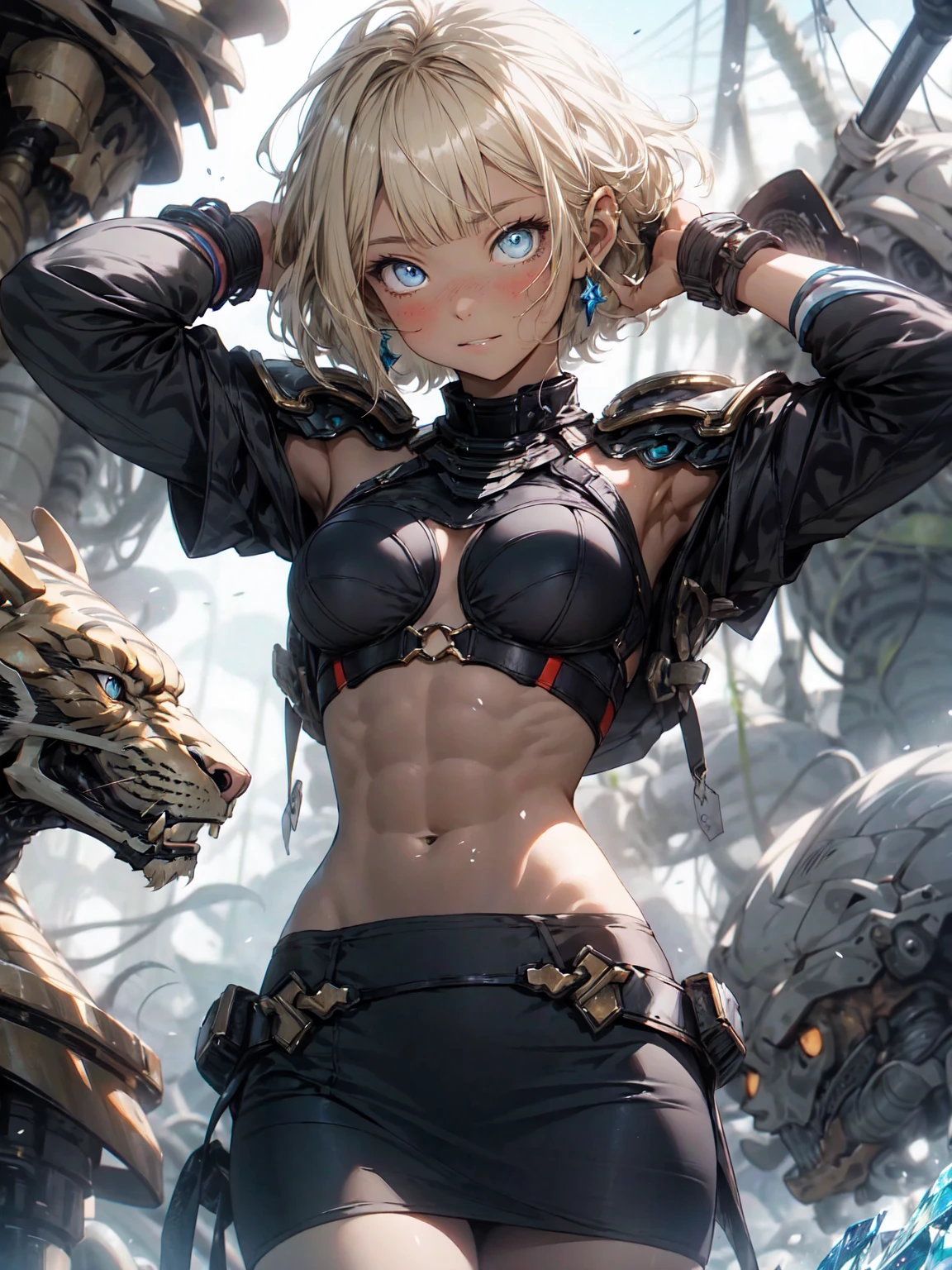 Be realistic，（masterpiece，Highest quality，Highest quality，Very detailed，Fractal Art，Most detailed，（Abstract background：1.5）（1 Girl），Kamimei，（BlondeのShort Hair），（puppet, blue eyes, Pale skin, Blonde, Short Hair, Blunt bangs, Braiding,Big Breasts、Toned Abs，Stunned)、crystallization，bikini、sexy、Machinery Armor、Sunburned skin、(Black pencil skirt)