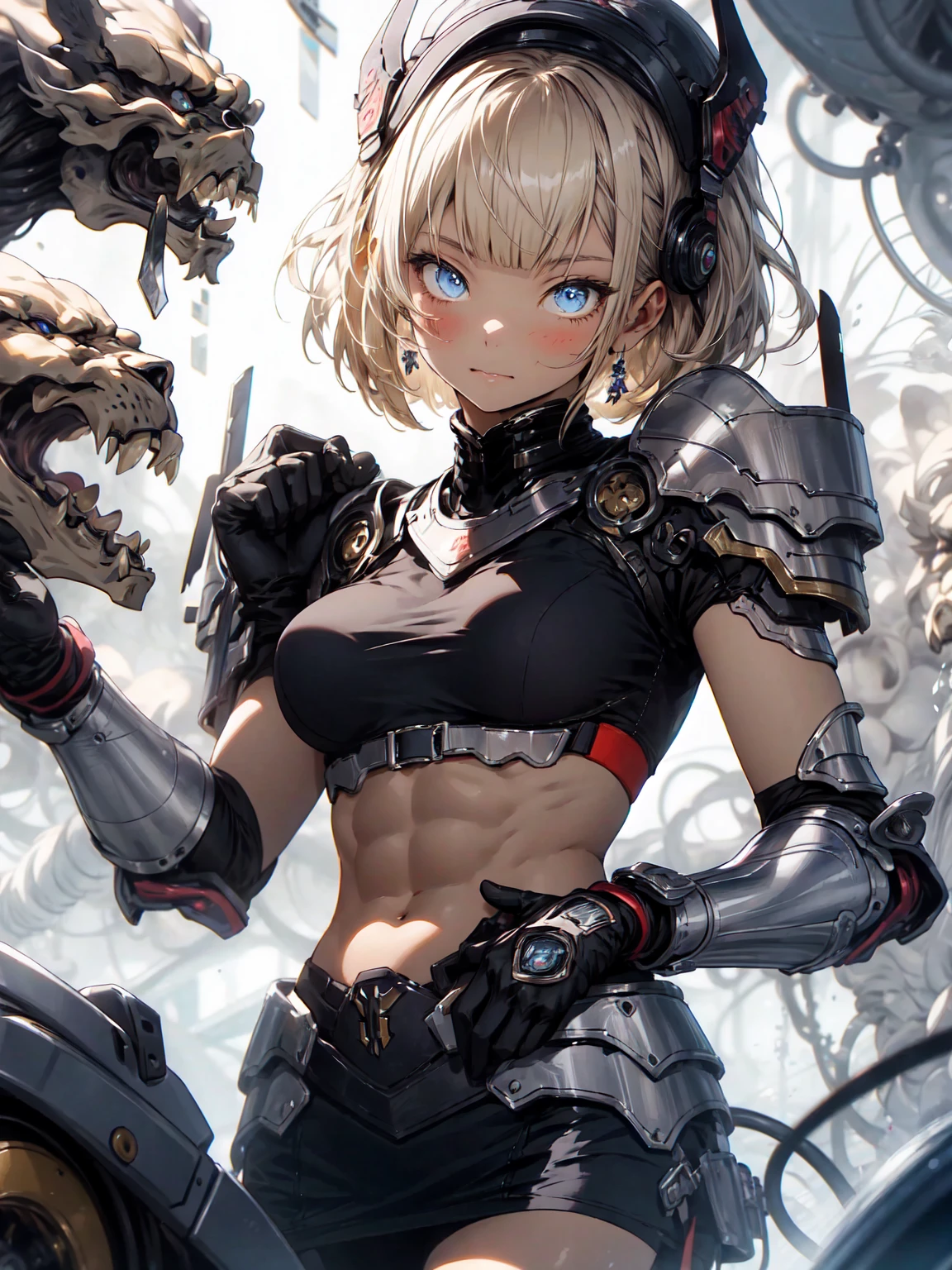 Be realistic,(masterpiece,Highest quality,Highest quality,Very detailed,Fractal Art,Most detailed,(Abstract background:1.5)(1 Girl),Kamimei,(blondeのshort hair),(puppet, blue eyes, Pale skin, blonde, short hair, Blunt bangs, Braiding,Big Breasts、Toned Abs,Stunned)、crystallization,bikini、Sexy、Machine Armor、Sunburned skin、(Black pencil skirt)、Cowboy Shot