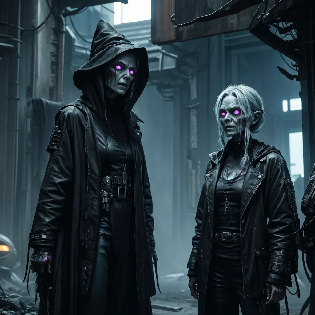 make an alien race. an old witch who looks like a zombie. futuristic race with cyberpunk style technology