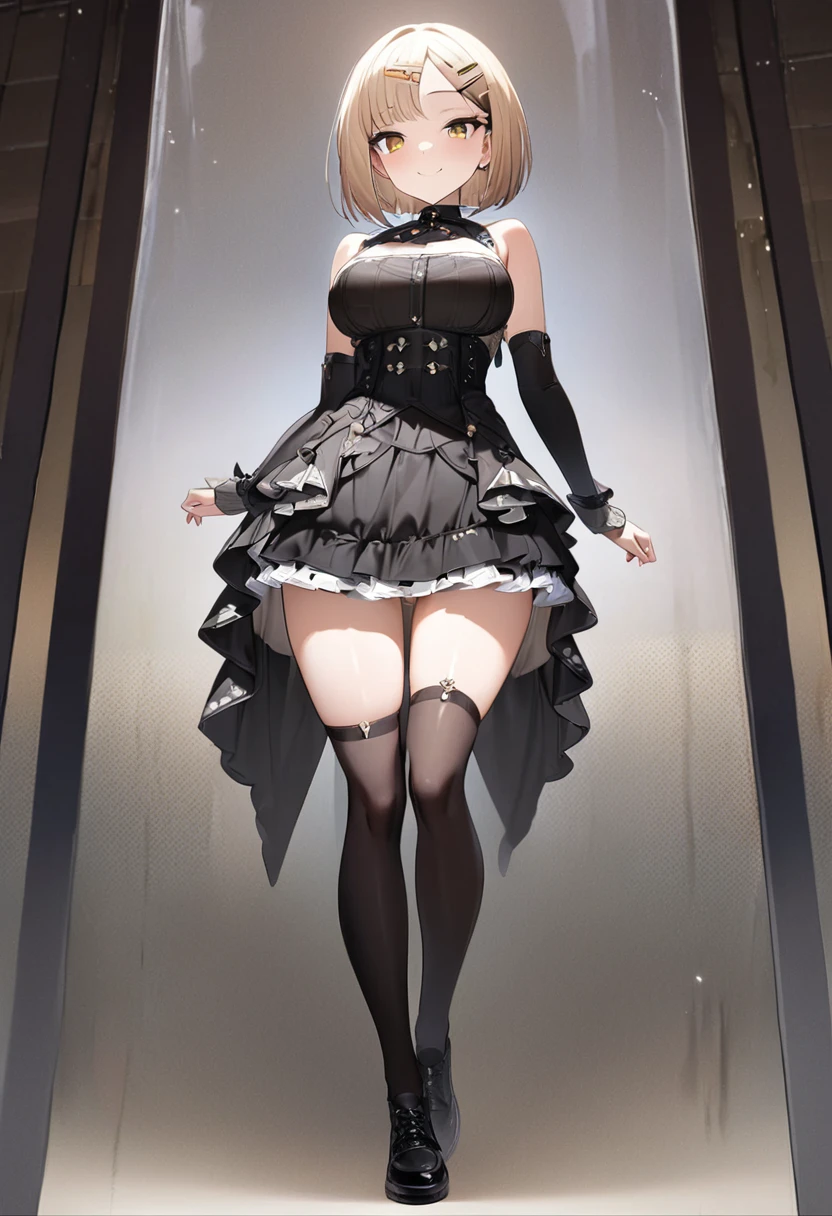 (1 girl, solo, children), (masterpiece, excellent quality, extremely detailed), (white hair, hair falling in strands and spike at end), (short hair, yellow eyes, big eyes, glowing eyes), (flat chest), (big waist), (short stature), (black slip, hole in chest), (visible skin), (black tutu, pantyhose, gloves up to the forearm), (standing facing the viewer), (posing), (big thighs),  (grud legs), outwards), (chest outwards),