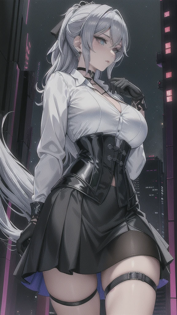 Masterpiece, Beautiful art, professional artist, 8k, art style by sciamano240, rostro de Bronya Zaychik, detailed body, Very detailed face, Detailed clothing, detailed fabric, Best Quality, better resolution,  1 girl, front view, pose sexy, big breasts, serious expression, city background, at night , silver hair, choker:1.6, (long sleeve white collar buttoned shirt), (shiny black corset), black gloves covering your hands, (shiny black miniskirt), looking at the viewer,