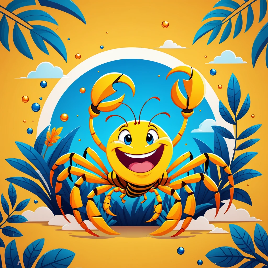 Create a 4K wallpaper with a cartoon scorpion depicting a happy expression, surrounded by relevant elements and set against a suitable background.