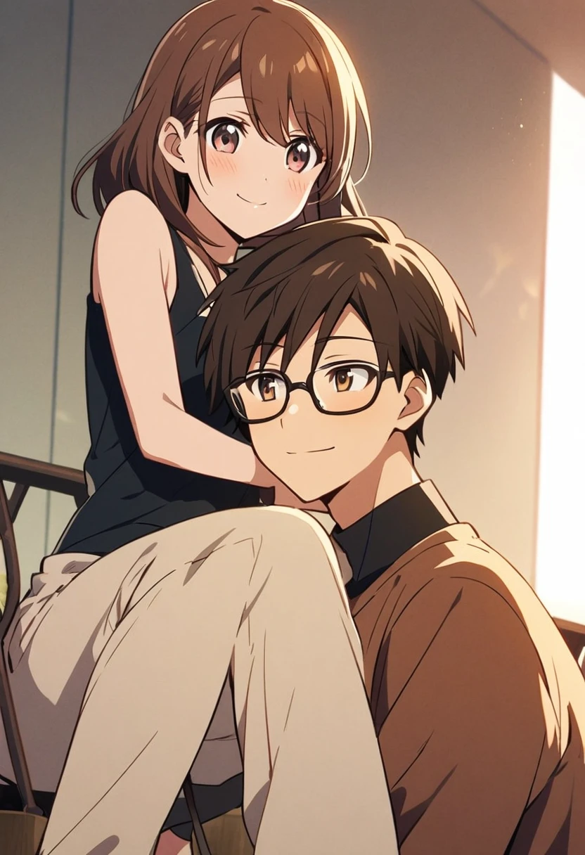 anime, two people, one female with long brown hair and no glasses, the other person is a male with short dark brown hair and black rimmed glasses, they are boyfriend and girlfriend, both smiling 