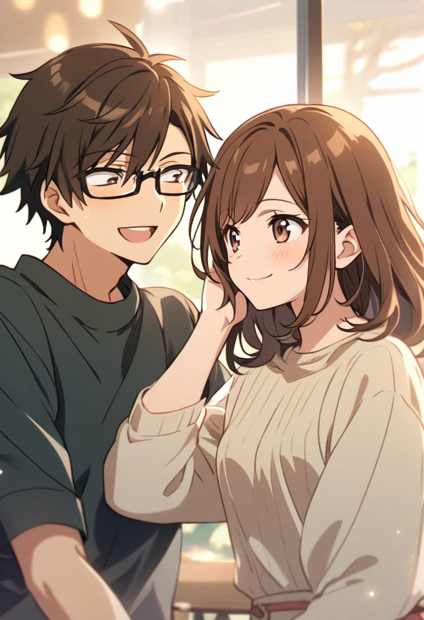 anime, two people, one female with long brown hair and no glasses, the other person is a male with short dark brown hair and black rimmed glasses, they are boyfriend and girlfriend, both smiling