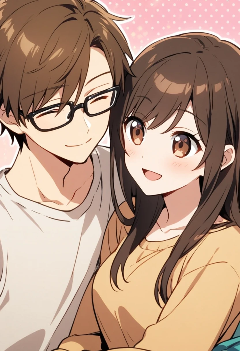 anime, two people, one female with long brown hair and no glasses, the other person is a male with short dark brown hair and black rimmed glasses, they are boyfriend and girlfriend, both smiling 
