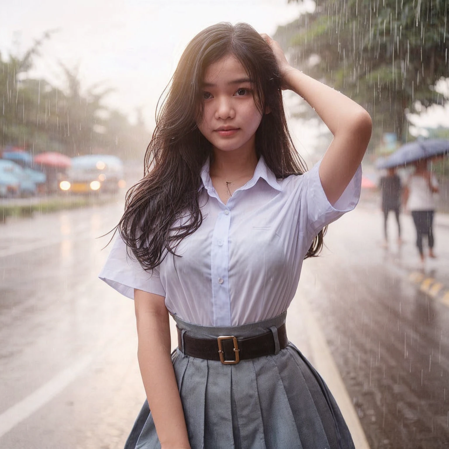 An Indonesian young woman wearing a high  is getting rained on. She is holding her skirt up high to keep it from getting wet. The background shows the side of the road in the late afternoon.