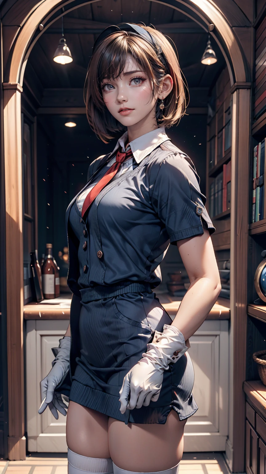2D, masterpiece, Highest quality, anime, Highly detailed face, Highly detailed eyes, Highly detailed background, Perfect lighting, Cowboy Shot, One girl, alone, Aki Rosenthal, Collared dress, Short dress, Short sleeve, Blue jacket, Black knee socks, Hair loss, Long Hair, Low twin tails, Bobcut, tie, headgear, White gloves, Elbow hand pockets, Wide Hips, smile, Are standing, Inside the spaceship