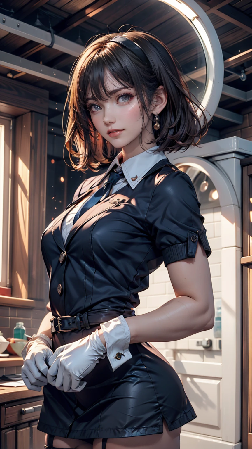 2D, masterpiece, Highest quality, anime, Highly detailed face, Highly detailed eyes, Highly detailed background, Perfect lighting, Cowboy Shot, One girl, alone, Aki Rosenthal, Collared dress, Short dress, Short sleeve, Blue jacket, Black knee socks, Hair loss, Long Hair, Low twin tails, Bobcut, tie, headgear, White gloves, Elbow hand pockets, Wide Hips, smile, Are standing, Inside the spaceship