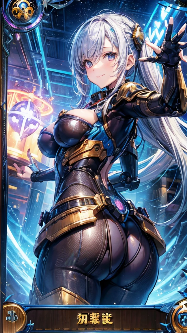 (1 mature robot girl,Age 35), ((Pub,guild)),(smile),Dynamic pose,Dynamic Angle,Pose for a photo,From below,Elderly woman、Trading Card Game Frames、Highest Rare、Five Fingers、Signature mark、Big Butt、White Hair、Android、Robo joint
