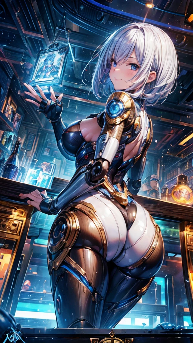 (1 mature robot girl,Age 35), ((Pub,guild)),(smile),Dynamic pose,Dynamic Angle,Pose for a photo,From below,Elderly woman、Trading Card Game Frames、Highest Rare、Five Fingers、Signature mark、Big Butt、White Hair、Android、Robo joint