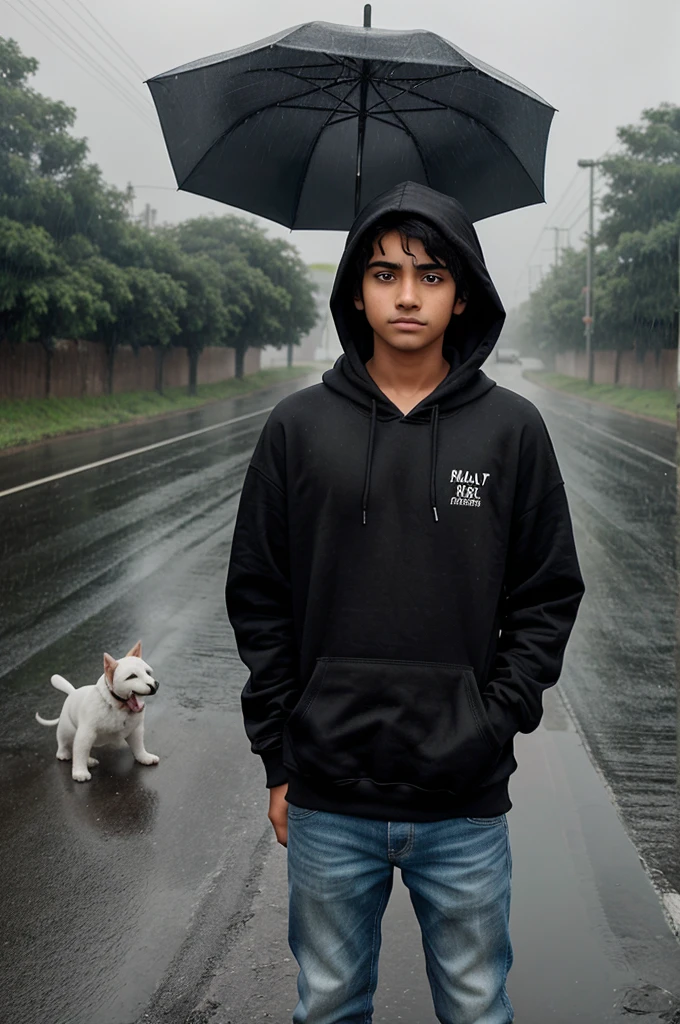 create a  realistic illusion image A 18 year old sadness boy is standing on the road and a puppy is beside him and right behind the boy is a girl with an umbrella in her hand and it is raining and the name Sanjay is written on the boy’s black hoodies and the camera is focused on the boy and the girl is blurred
