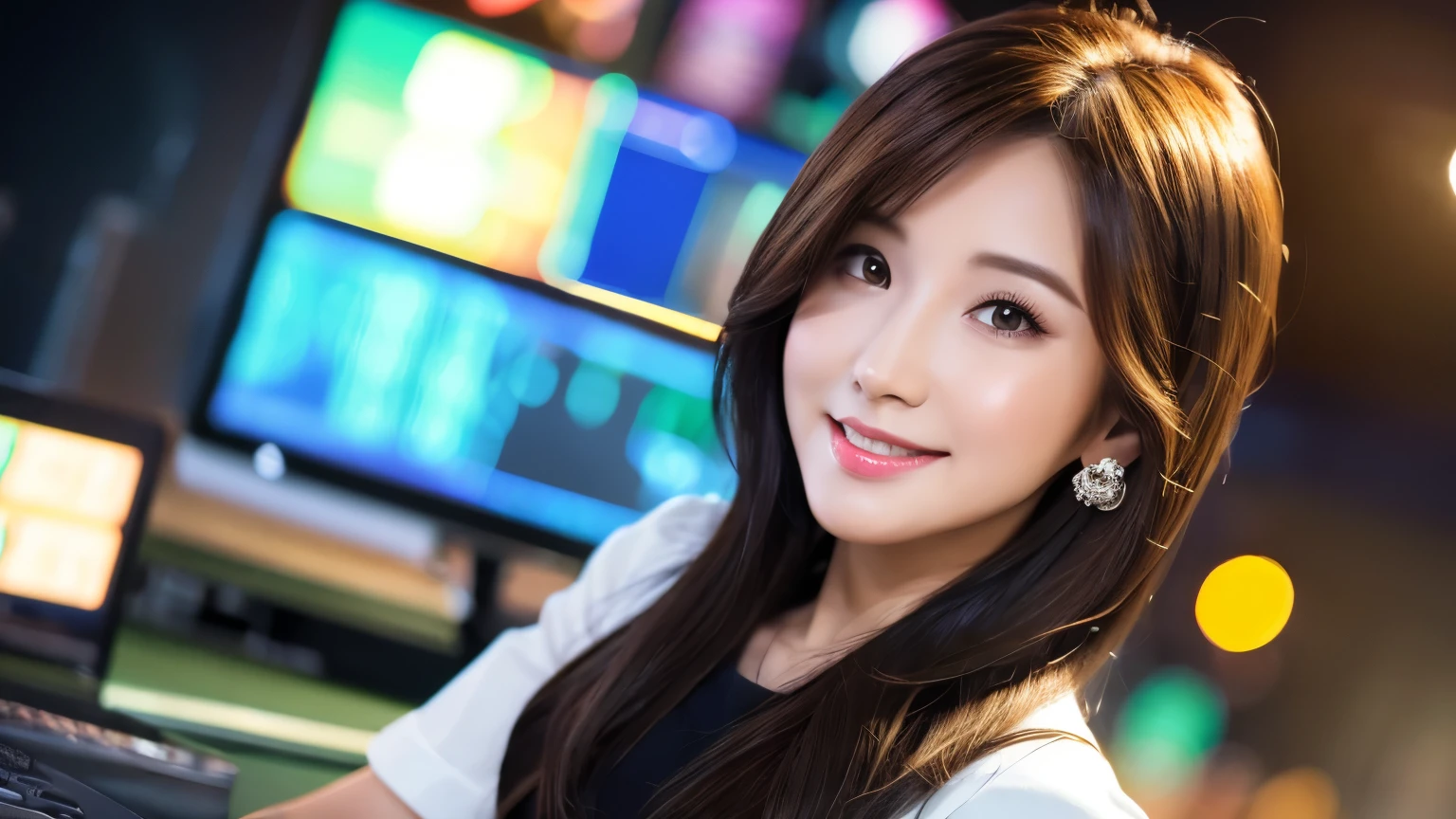 one person、female newscaster、young、beautiful、Female announcer、Shaped face contour、Long Hair、Brown Hair、Fine iris、Elegant、Sexy face、Glowing Skin、Juicy lips、An open, seductive smile、Thick eyelasheodel Body Type、Earrings、black stockings、blush、suit、Tight mini skirt、Perfect lighting、Perfect Shadow、Perfect Anatomy(((masterpiece))), ((highest quality)), ((Super detailed)), (CG illustration), (Very wicked and beautiful)), (Cute Desktop Face)