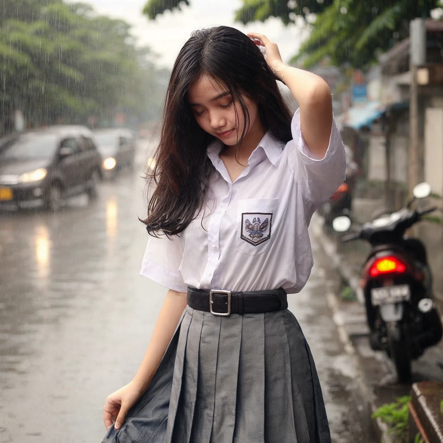 An Indonesian young woman wearing a high  is getting rained on. She is holding her skirt up high to keep it from getting wet. The background shows the side of the road in the late afternoon.