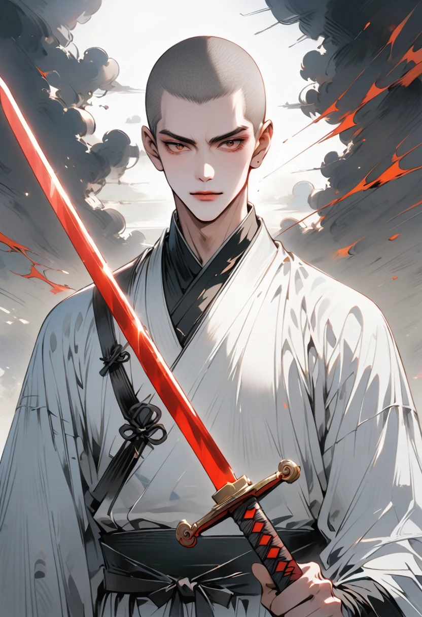 Chinese swordsman，Male swordsman，muscular，short hair，Buzz Cut，Round inch，Handsome，Simple lines，Abstract Art，Holding a red long sword