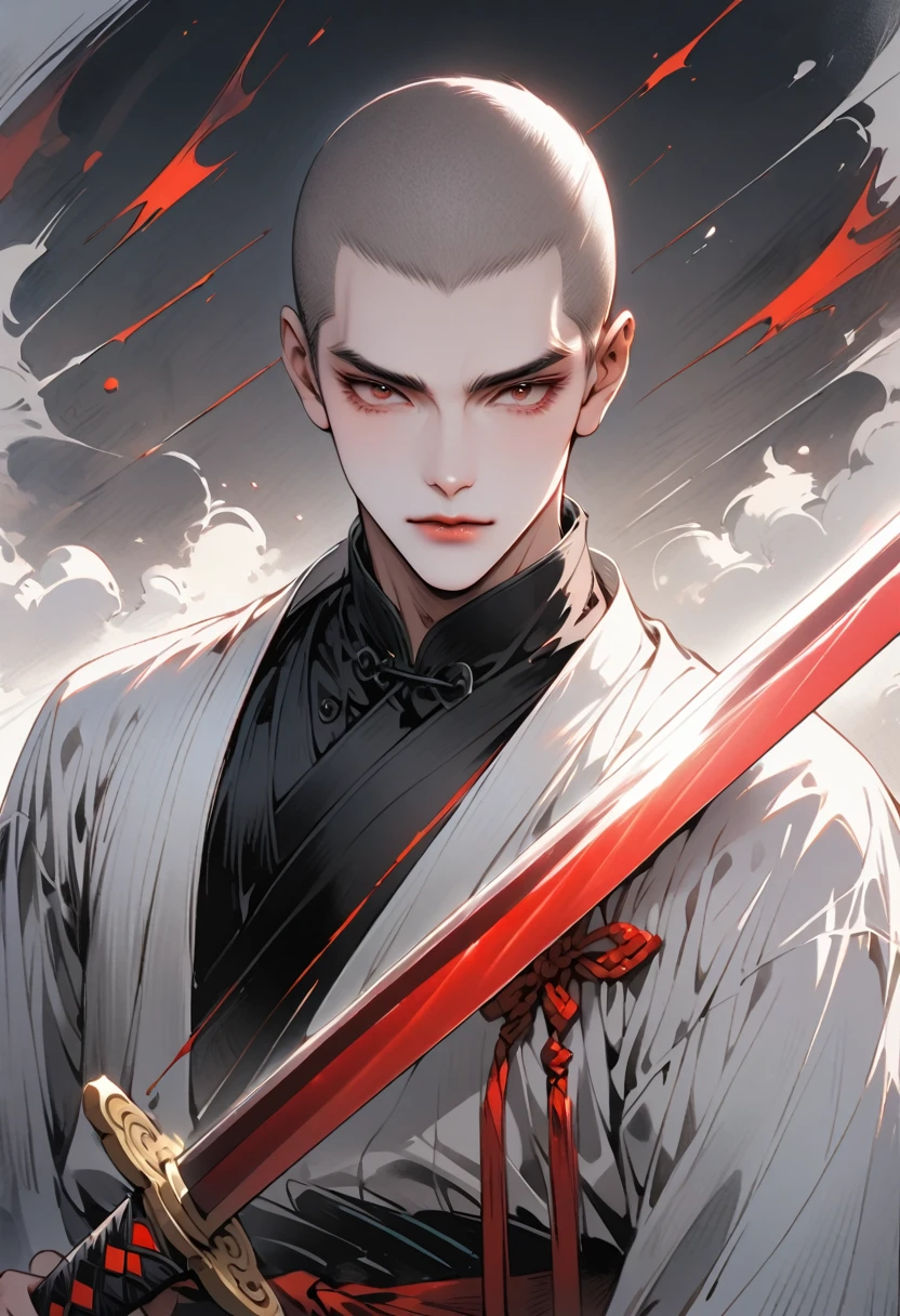 Chinese swordsman，Male swordsman，muscular，short hair，Buzz Cut，Round inch，Handsome，Simple lines，Abstract Art，Holding a red long sword