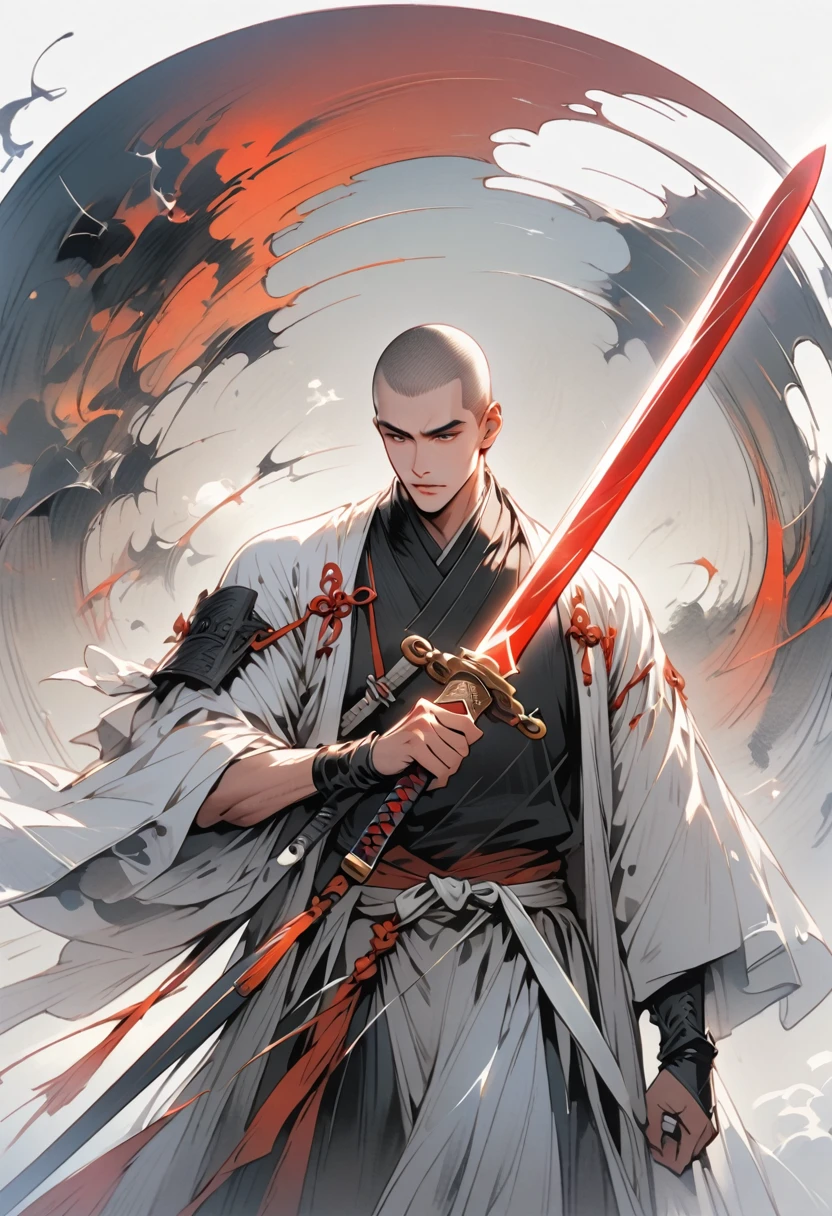 Chinese swordsman,Male swordsman,muscular,short hair,Buzz Cut,Round inch,Handsome,Simple lines,Abstract Art,Holding a red long sword