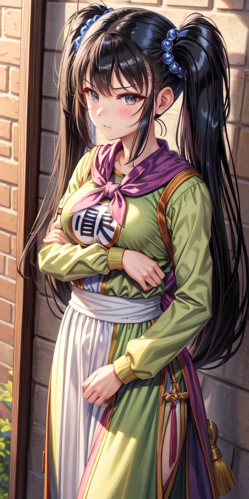 masterpiece, best quality, 4k, 8k, fighter (dq3), 1girl, solo, long hair, twintails, looking at viewer, black hair, hair ornament, long sleeves, dress, medium breasts, closed mouth, cowboy shot, black eyes, chinese clothes, hair bobbles, clenched hand, crossed arms, Ancient Castle