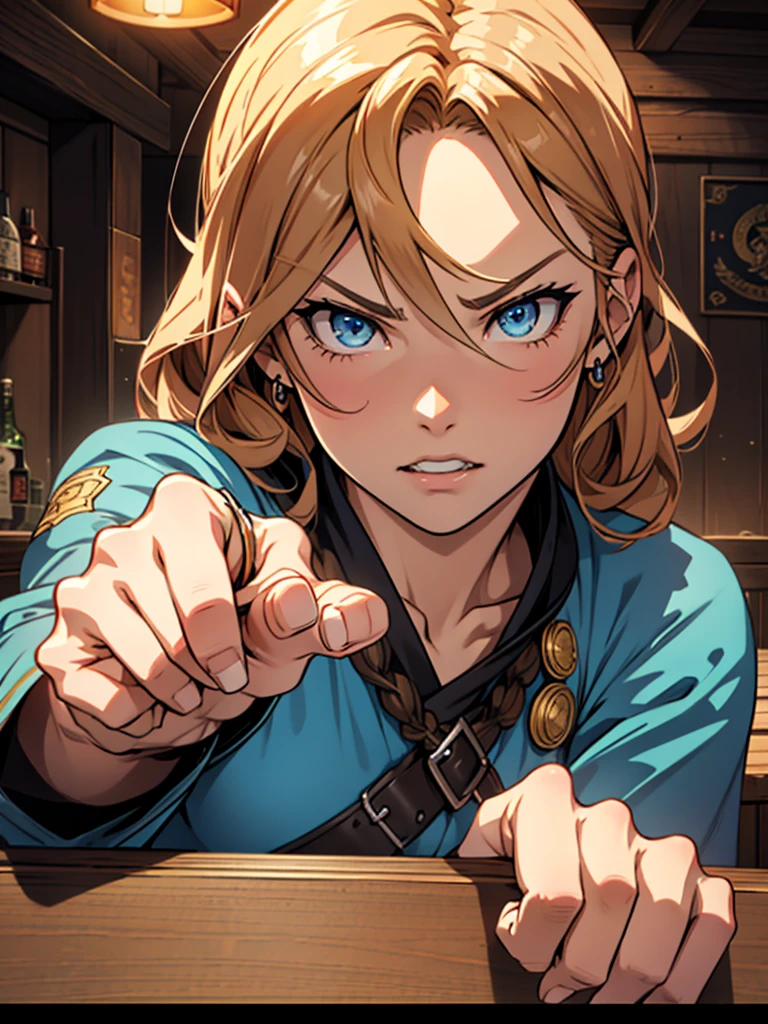 40-year-old woman、strong、bionde、angry pointing finger、Anime Style、watchful、guild master、tall、Bar interior background、Blue Eyes、cool、Strong