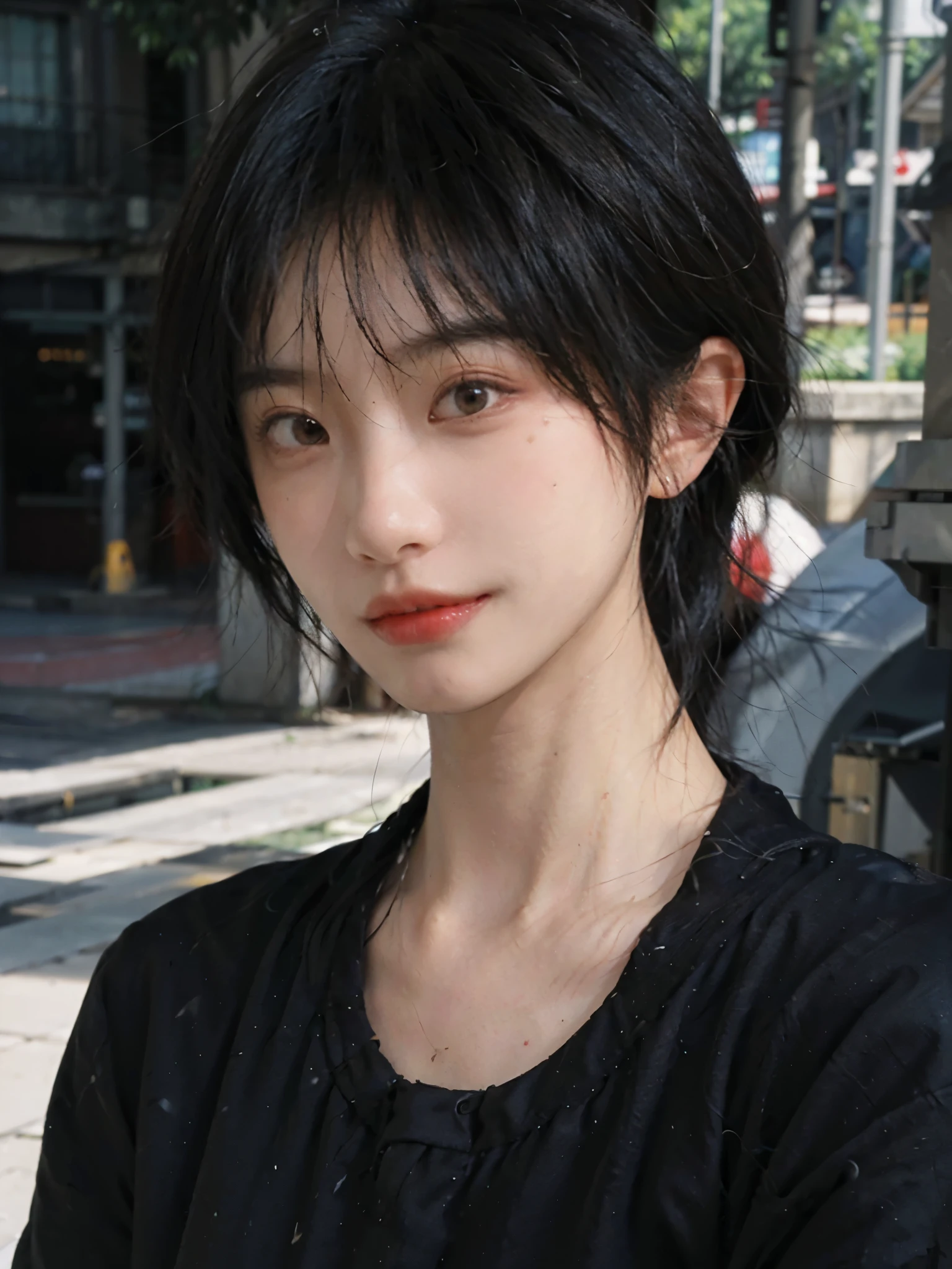 (Skin details:1.4), (smooth skin textures:1.3), (Upper Body:1.4),(Upper Body:1.3),(Black clothes:1.4),Lipstick, background, earrings, serene, calm, (Realistic and detailed eyes:1.2), Natural skin texture, Realistic facial details, Soft dramatic lighting, Vivid details, 35 mm film, outdoor, (Photo Practical:1.4), (hyper Practical:1.4), (Practical:1.3), (Smoother lighting:1.05), (Improve lighting quality:0.9), (Highest quality real skin textures:1.4), Exquisite eyes, Delicate face, Close-up of face, (Enhance the beauty of skin texture:1.1),0Normal body proportions, short hair, Moles under the eyes, A faint smile,Portrait Photography, Depth of Field, Bokeh, Surrealism, Ray Tracing, (Portrait Photography:1.1), Surrealism, High Detail, Chiaroscuro, Ray Tracing, reflected light, Ultra HD, Ultra HD, masterpiece, Textured Skin, Super Detail, High Detail, high quality, best quality