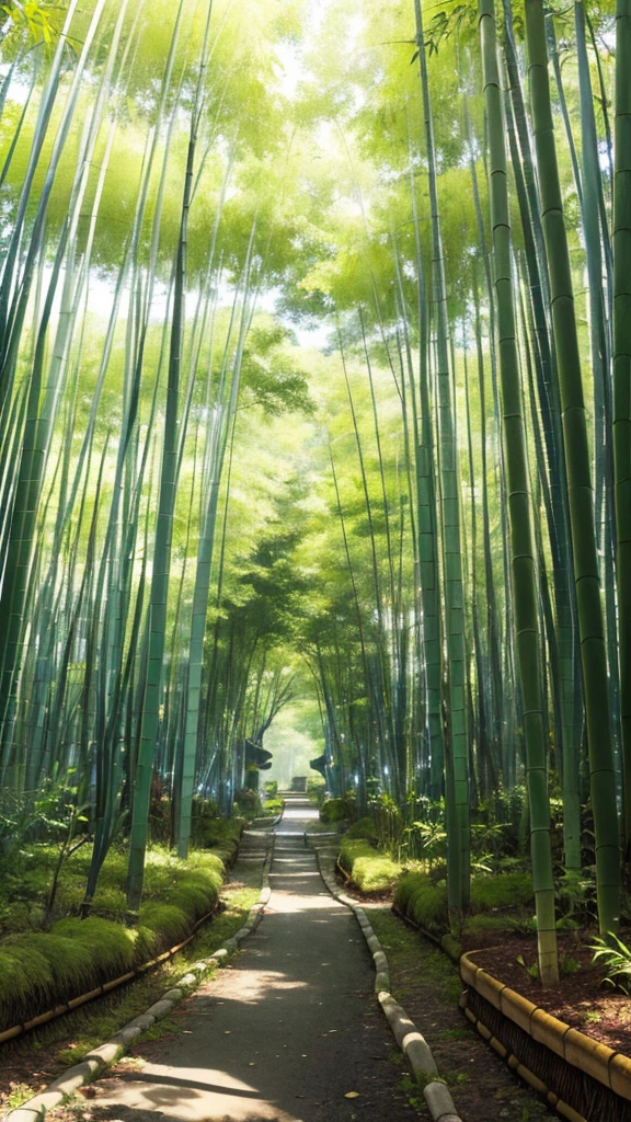 The enchanting beauty of Kyoto, Quiet bamboo forest and winding paths、enchanting star. 私たちDesign ofは、A testament to the incredible synergy of Kyoto's natural beauty and heavenly wonders。. Strolling along the narrow path in the bamboo forest, Dark bamboo shoots create a quiet atmosphere. overhead, the night sky is bright, with great attention to detail, Expressing the delicate texture of bamboo leaves and the brightness of stars. A design that evokes a mysterious feeling, The quiet beauty of Kyoto's bamboo forest、breathtaking starry sky. 「Kyoto's bamboo forest and starry sky along the path」Design of, A place where nature and the universe come together in perfect balance. Super detailed, advanced details, high quality, Awards, 最high quality, High resolution, 16k, 8k,The light of the lighting illuminating the path、there are no buildings、Lighting between bamboo groves、Gorgeous bamboo color、The green color of bamboo is bright and beautiful.、Orange lights illuminating the path、The contrast between the green bamboo and the orange lights is beautiful.、