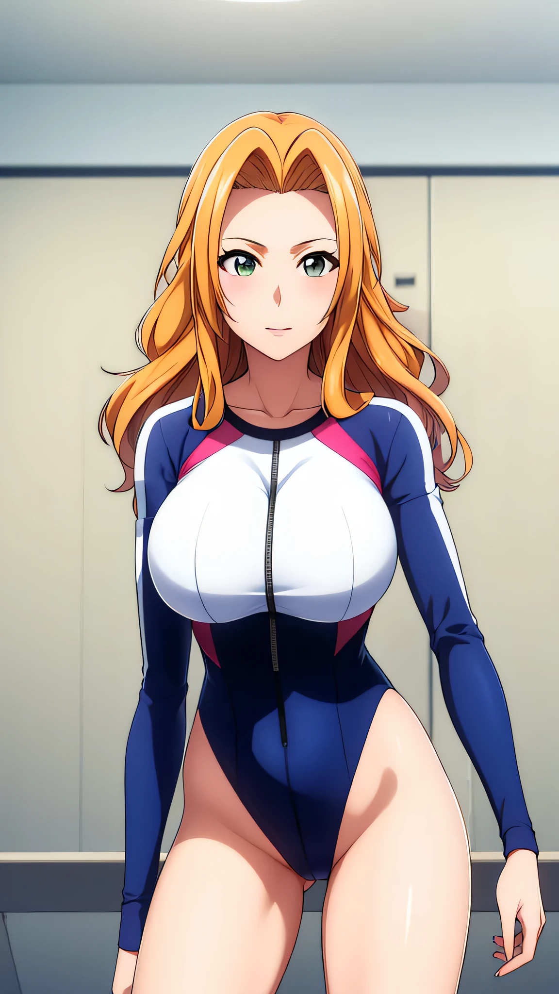 Rangiku Matsumoto、Orange Hair、Long Hair、Grey Eyes、Parted bangs、Wavy Hair、20s style、Big Breasts、A woman with very large breasts、Adult、Sexy look、Relaxed facial expression、Green leotard、gym、Are standing、1 female、plain leotard、solo、Long sleeve、High leg、U-neck、masterpiece、Highest quality、High resolution、Perfect lighting、Toned body、Tall Woman、Highly detailed CG、leotard with an green、Perfect hands、leotard sleeve with an long sleeve、leotard neck with an U neck、leotard waist with an high leg、Perfect Anatomy、Stylish pose、Stylish angle、Looking at the audience、centered in picture、Cowboy Shot、