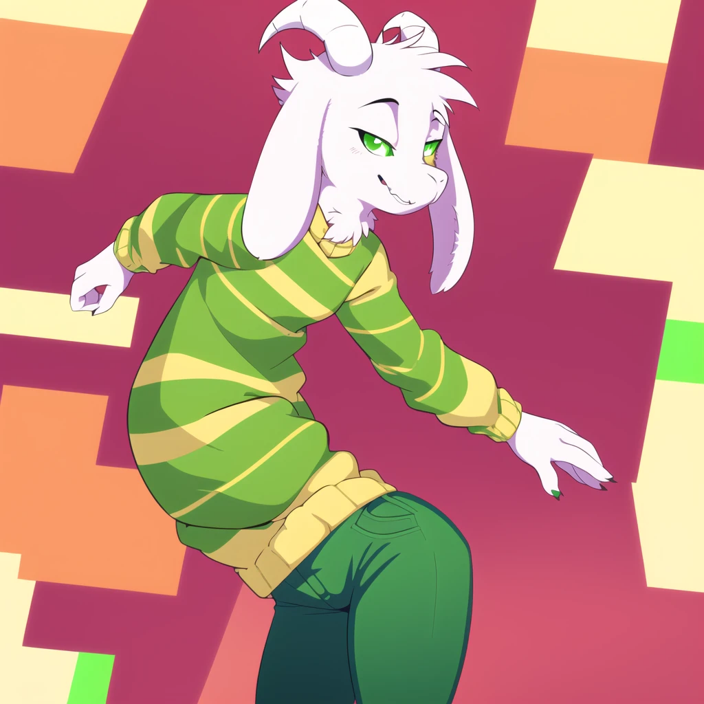 (best quality, masterpiece:1), furry female anthro asriel goat girl, solo, standing pose, (green striped sweater:1.1), white goat horns, (red pants:1.2), green eyes, smile, looking at viewer, (abstract background:1.0), 