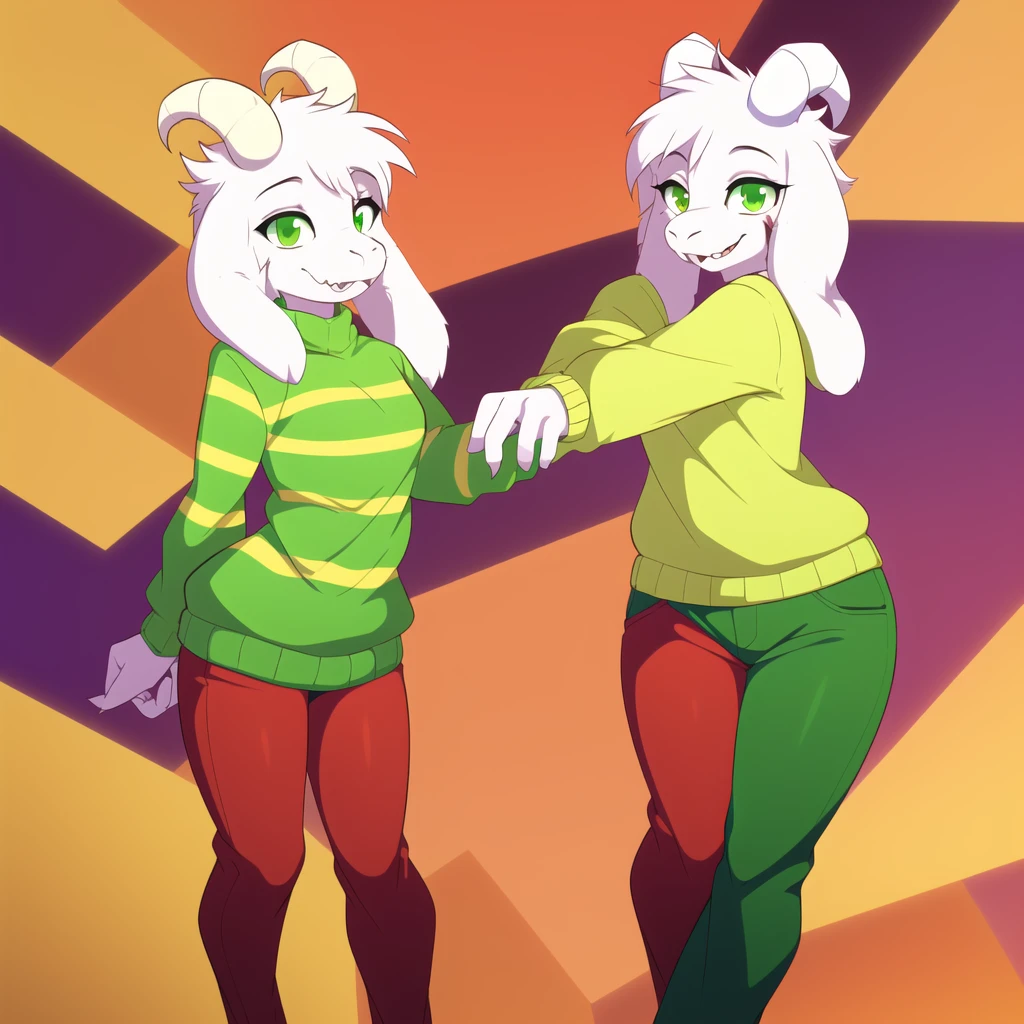 (best quality, masterpiece:1), furry female anthro asriel goat girl, solo, standing pose, (green striped sweater:1.1), white goat horns, (red pants:1.2), green eyes, smile, looking at viewer, (abstract background:1.0), 