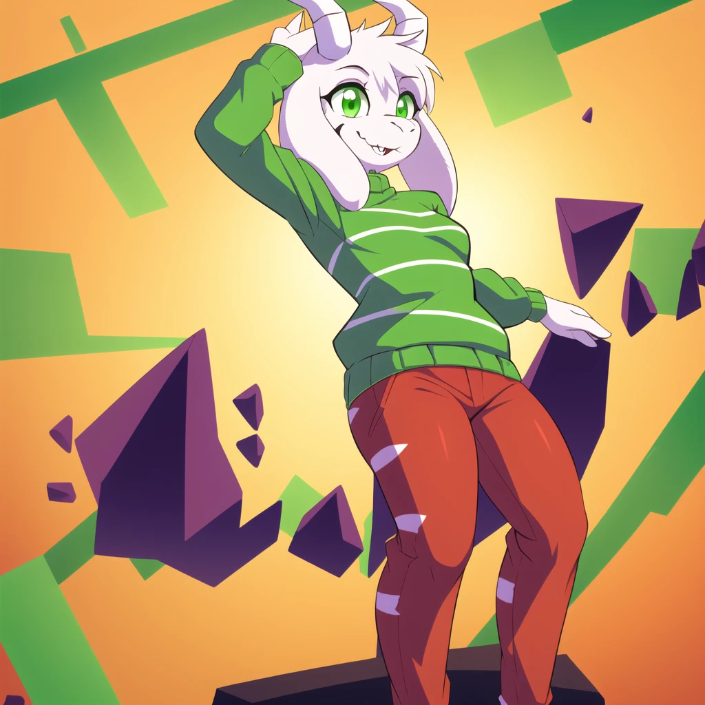 (best quality, masterpiece:1), furry female anthro asriel goat girl, solo, standing pose, (green striped sweater:1.1), white goat horns, (red pants:1.2), green eyes, smile, looking at viewer, (abstract background:1.0), 