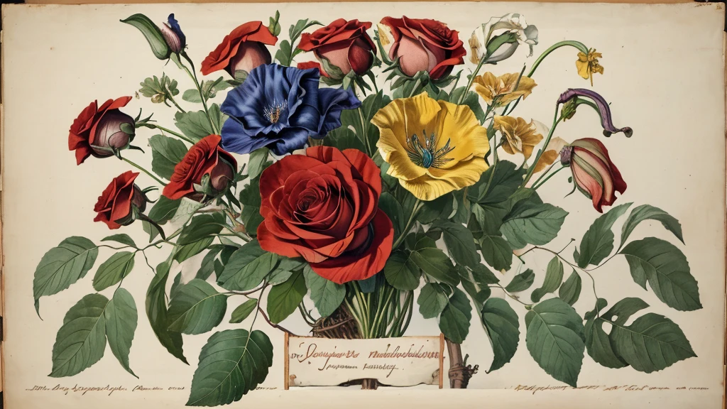 botanical art, fluidly rendered and subtly colored study of  roses, fruits and bearded irises arranged in a bouquet. front view, banner, perfect quality. ad banner, 19th Century French paint style
