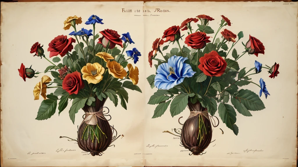 botanical art, fluidly rendered and subtly colored study of roses, fruits and bearded irises arranged in a bouquet. front view, banner, perfect quality. ad banner, 19th Century French paint style