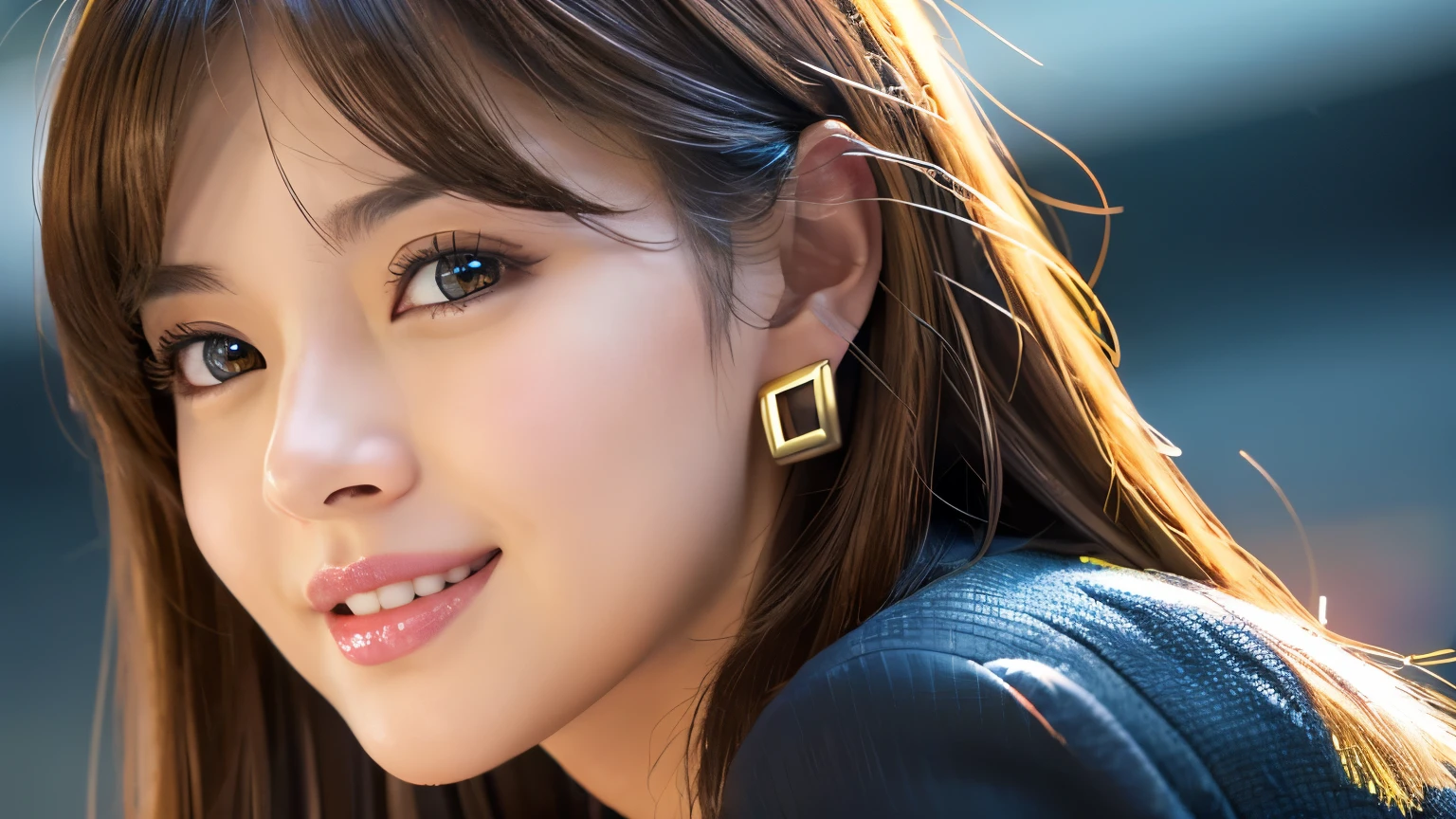 one person、female newscaster、young、beautiful、Female announcer、Shaped face contour、Long Hair、Brown Hair、Fine iris、Elegant、Sexy face、Glowing Skin、Juicy lips、An open, seductive smile、Thick eyelasheodel Body Type、Earrings、black stockings、blush、suit、Tight mini skirt、Perfect lighting、Perfect Shadow、Perfect Anatomy(((masterpiece))), ((highest quality)), ((Super detailed)), (CG illustration), (Very wicked and beautiful)), (Cute Desktop Face)