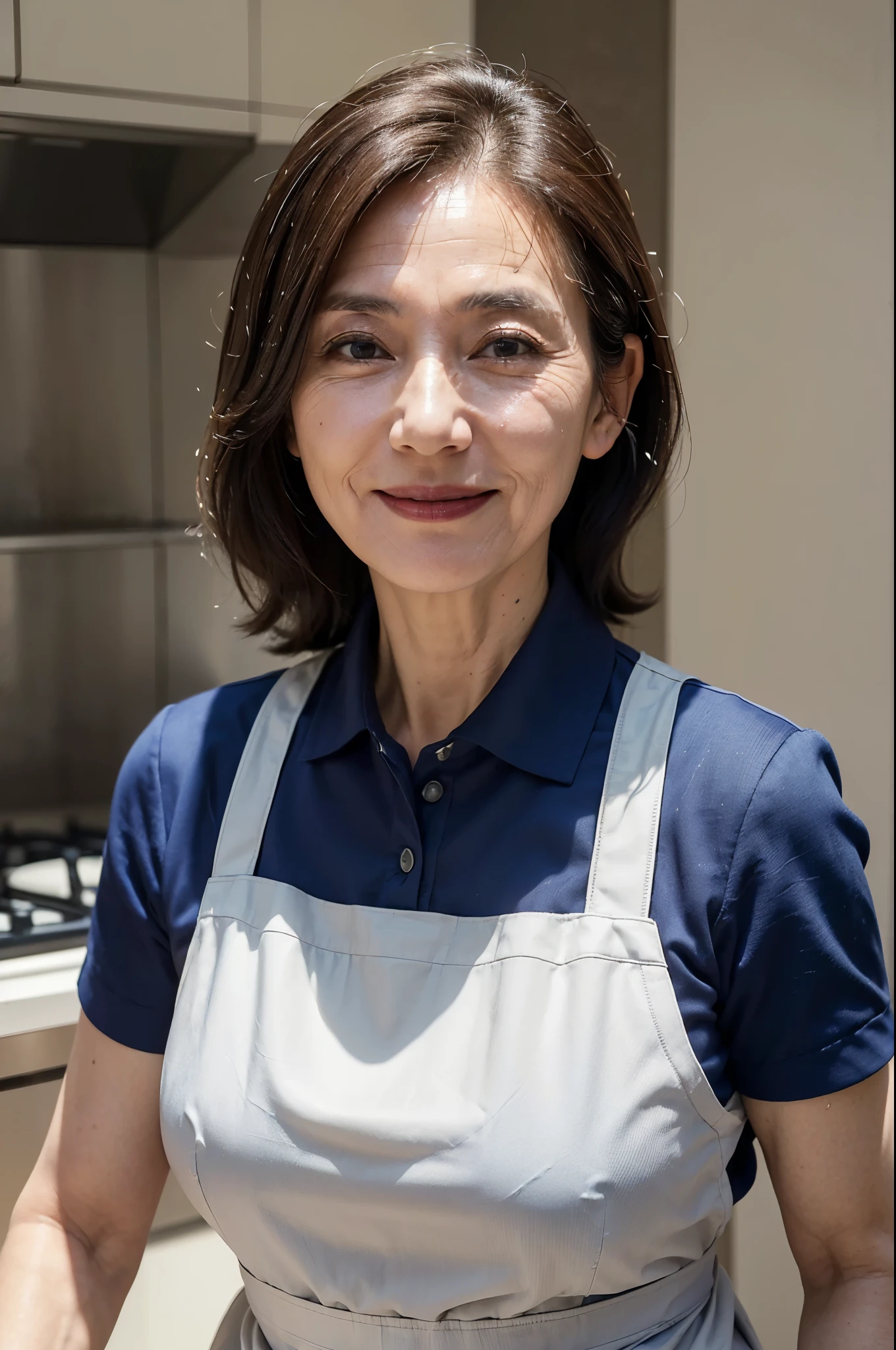 (masterpiece:1.4),(62-year-old woman:1.5),(facial wrinkles 1.2), (mid-length hair : 1), A kind smile,maternal, Mature Woman, (white apron : 1.3), (short sleeve collared uniform : 1.2), acnes, skin blemishes, fleckles,(plump arms : 1.3), kitchen