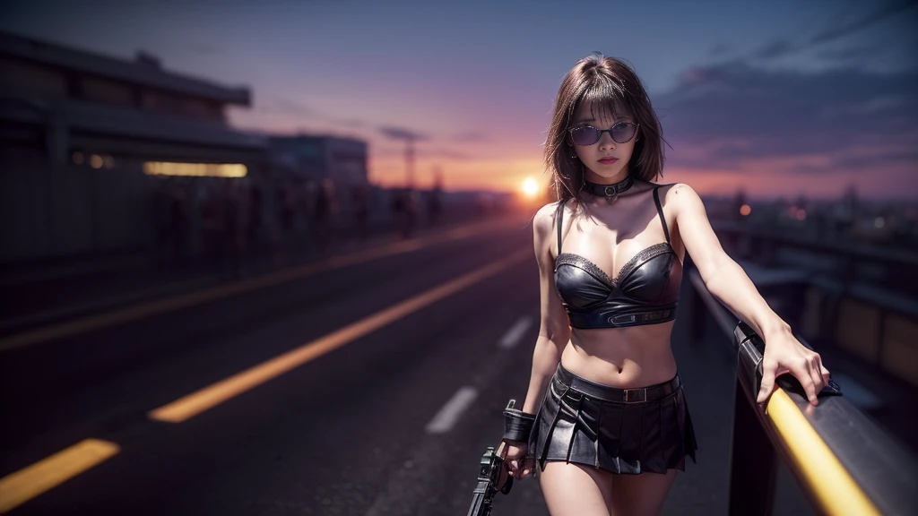 (((At night, ((very dark sunset sky)), (((1girl, solo))), a western woman, photo realistic, large-breast:1.2 slim body, cleavage, off tube top, short pleated miniskirt, standing on rooftop, (matrix style black sunglasses), (((aiming towards viewer with a short:0.8 pistol))), half-body thigh level medium:1.2 shot))). In the background, simple aerial view of a sci-fi futuristic city, neon light, (((flying vehicle speeding towards viewer))).