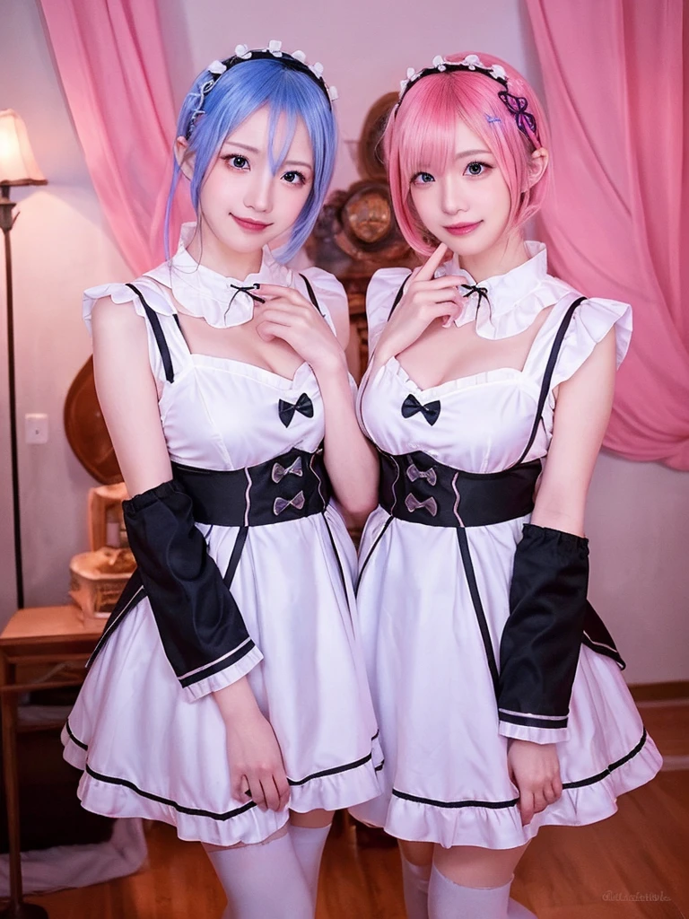 Accurate depiction with high resolution,(8K, Photorealistic, Raw photo, of the highest quality: 1.3), (1girl in), Super beautiful, (Realistic face), (boyish, pink Color Berry Shorthair), Beautiful , Glare that captivates the viewer, Beautiful expression, Beautiful breasts, (Realistic skin), Be...Create a detailed and colorful image of Ram and Rem from Re:Zero, standing back-to-back in their maid outfits, with a magical fantasy background、14years old, two girls,cute, perfect face, beautiful, nice body, gothic lolita clothes, gothic lolita fashion, frilly skirt, headdress, necklace, bracelet, knee-high socks, boots, double eyelids, tear bags, Detailed down to the fingers, photo-like description, indoors, dim indoor lighting, one girl is pink hair and short bob, another girl is light blue hair and short bob,standing,whole body, composition that shows the whole body, smiling,The Both of them are wearing the same type of maid outfit,Optimal ratio of 4 fingers and 1 thumb,walking