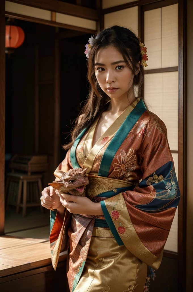 A beautiful girl in a traditional Japanese kimono, holding a majestic dragon, looking directly at the viewer, wearing exquisite jewelry, (best quality,4k,8k,highres,masterpiece:1.2),ultra-detailed,(realistic,photorealistic,photo-realistic:1.37),HDR,UHD,studio lighting,ultra-fine painting,sharp focus,physically-based rendering,extreme detail description,professional,vivid colors,bokeh,portrait,traditional japanese art