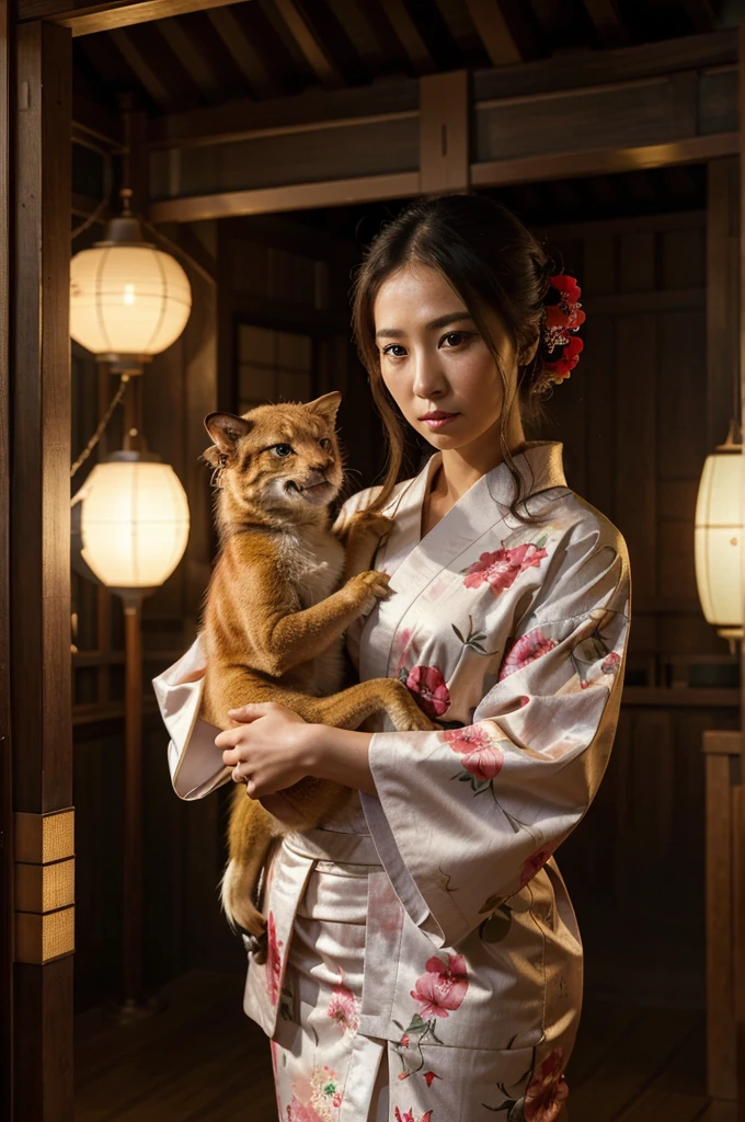 A beautiful girl in a traditional Japanese kimono, holding a majestic dragon, looking directly at the viewer, wearing exquisite jewelry, (best quality,4k,8k,highres,masterpiece:1.2),ultra-detailed,(realistic,photorealistic,photo-realistic:1.37),HDR,UHD,studio lighting,ultra-fine painting,sharp focus,physically-based rendering,extreme detail description,professional,vivid colors,bokeh,portrait,traditional japanese art