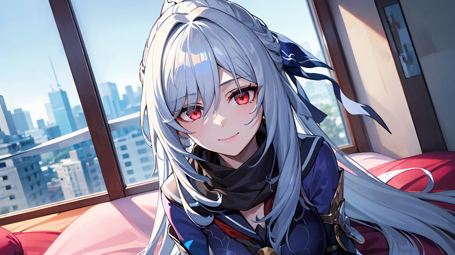 masterpiece, best quality, JingliuV5, 1girl, solo, looking at viewer, red eyes, gloves, , white scarf, scarf on neck, sailor collar, white cape, sitting on bed, indoors, bedroom, windows, blue sky, warm smile, upper body. closed mouth,