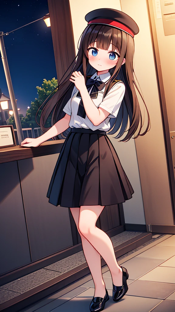 {Highest quality}, {Super beautiful},{Ultra fine},{Best illustration},Brown Hair,Hime cut,semi-long,Bangs,girl,Uniform cap,White Shirt,Short sleeve,Long black skirt,Night Park,Embarrassed,Blushing,Slender women, A woman wearing plain black pumps,Bare feet and pumps,Stand with your legs together,From an angle