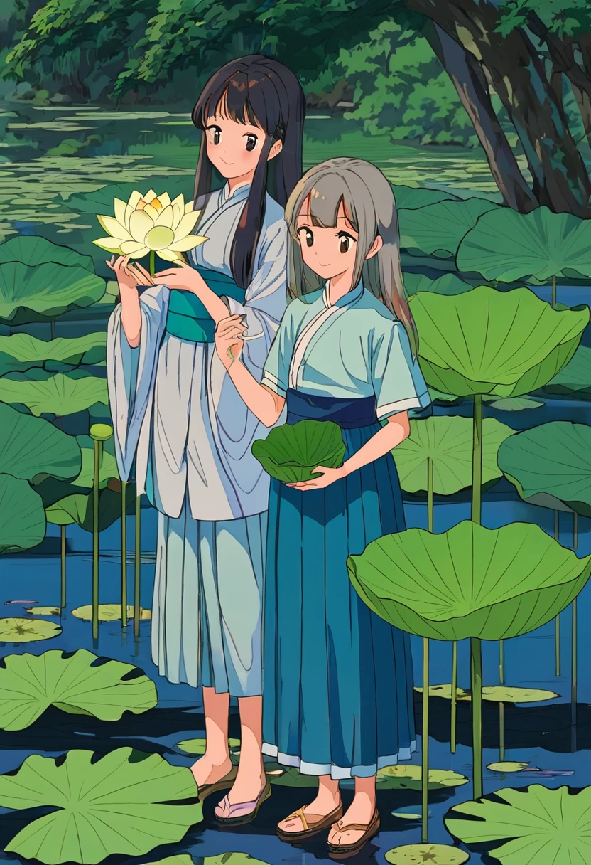 A girl holding a lotus and a boy holding a lotus leaf