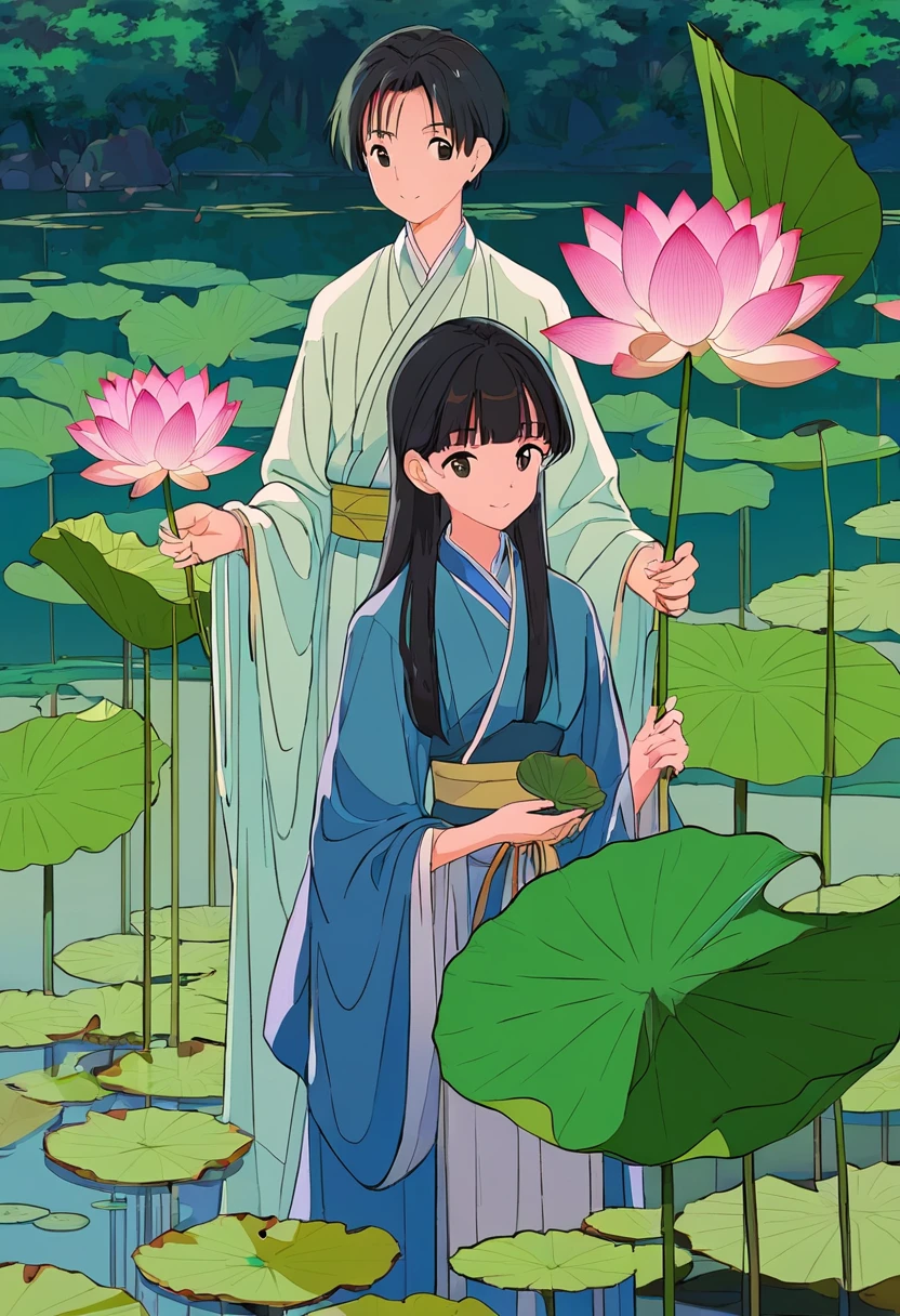 A girl holding a lotus and a boy holding a lotus leaf
