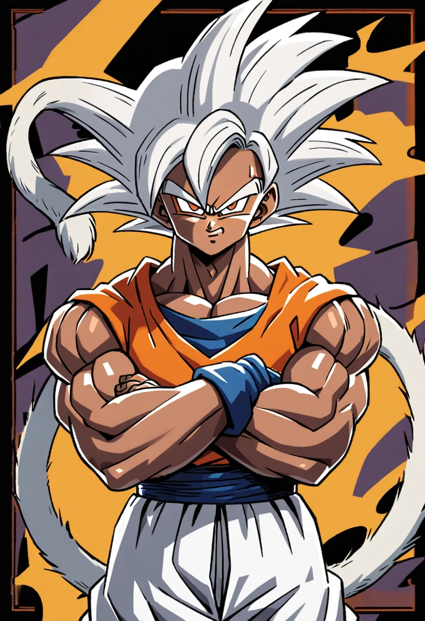 Dragon Ball 2D, white hair, with brown eye color, long and spiky hair, muscled body, with the demonic mark on his face, with a white monkey tail, with arms crossed, dark skin color.