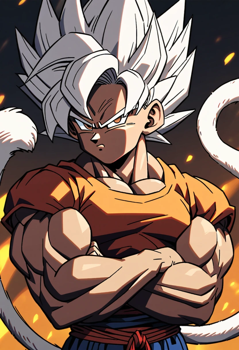 Dragon Ball 2D, white hair, with brown eye color, long and spiky hair, muscled body, with the demonic mark on his face, with a white monkey tail, with arms crossed, dark skin color.