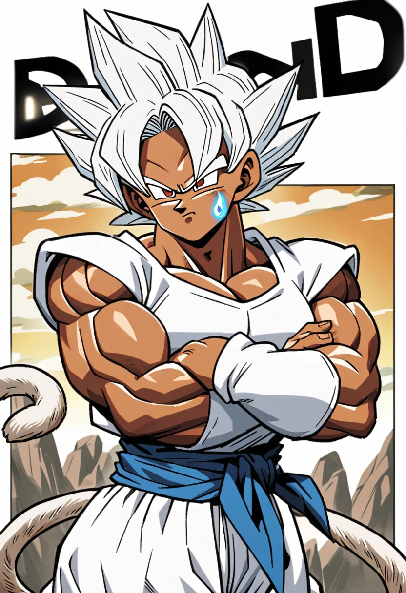 Dragon Ball 2D, white hair, with brown eye color, long and spiky hair, muscled body, with the demonic mark on his face, with a white monkey tail, with arms crossed, dark skin color.