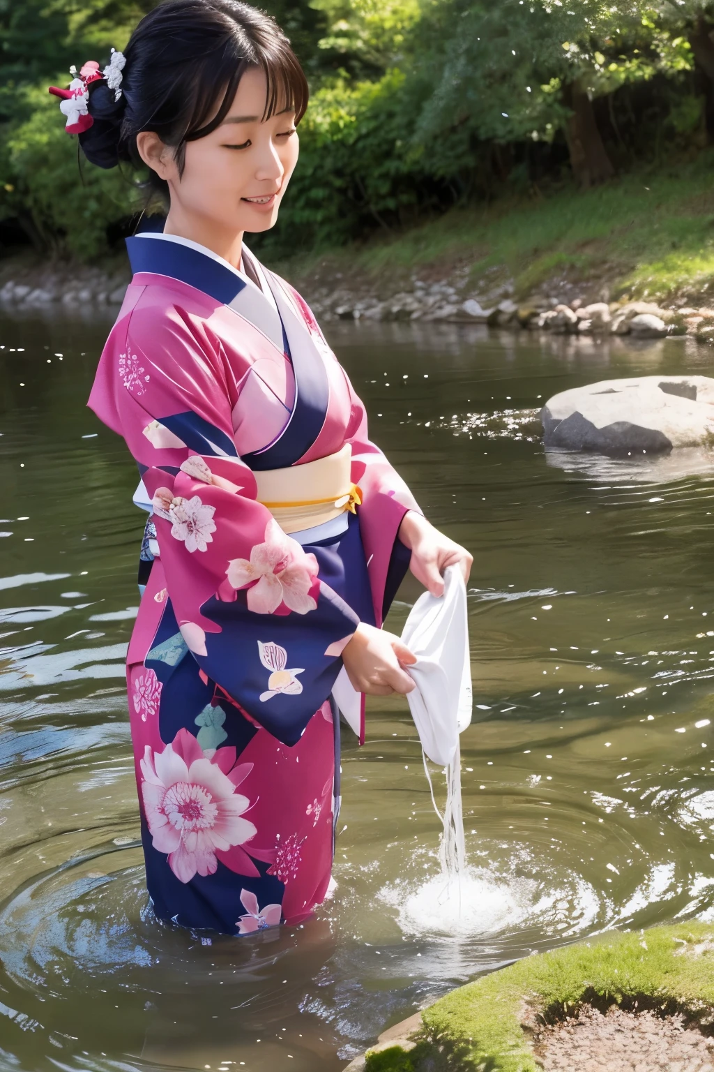 Japanese woman in kimono、A mother washing clothes in the river、3D Image。
