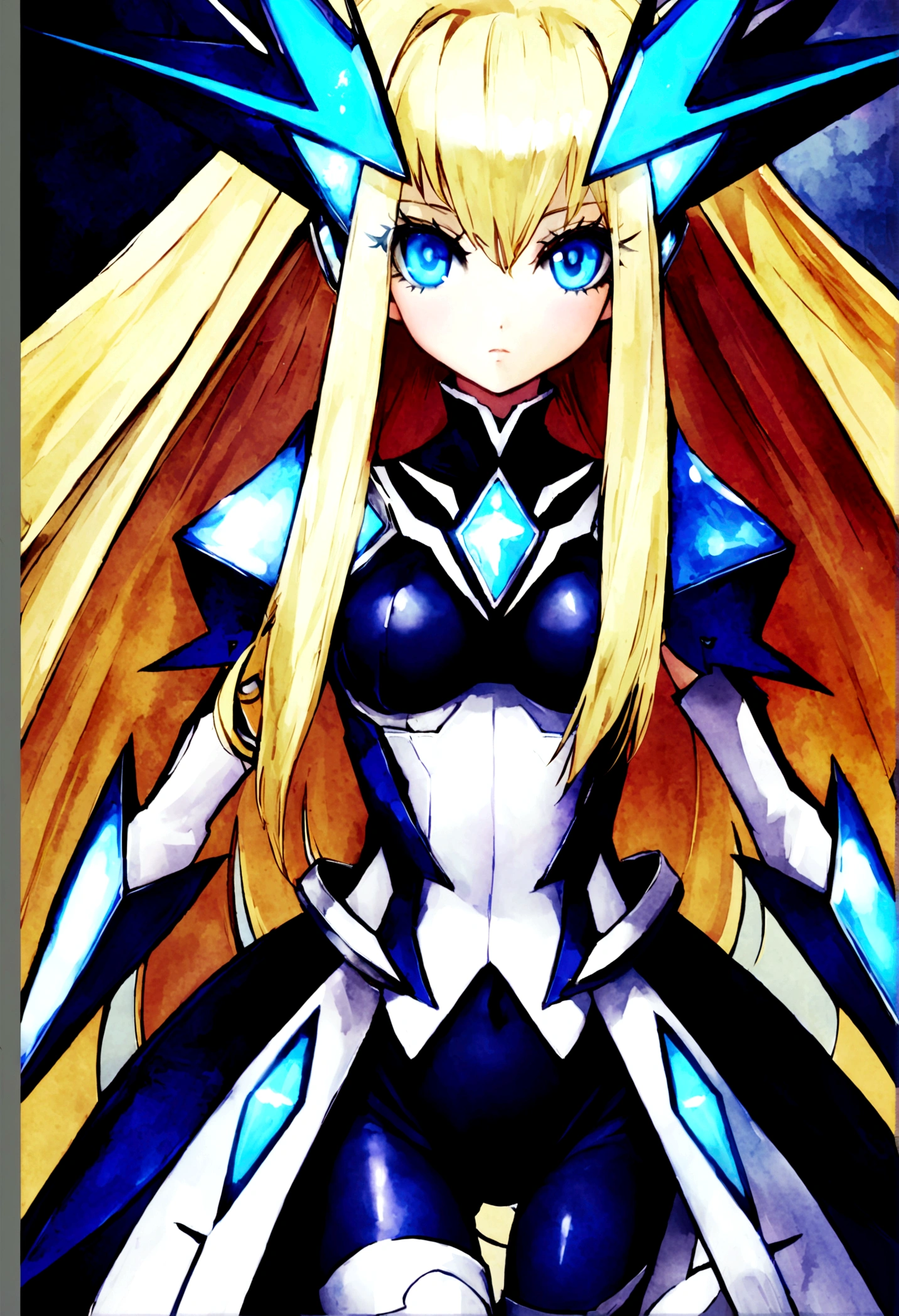 a futuristic magicalgirl, blond long hair, blue eyes, wearing a tight fitting clearly futuristic magicalgirl outfit
