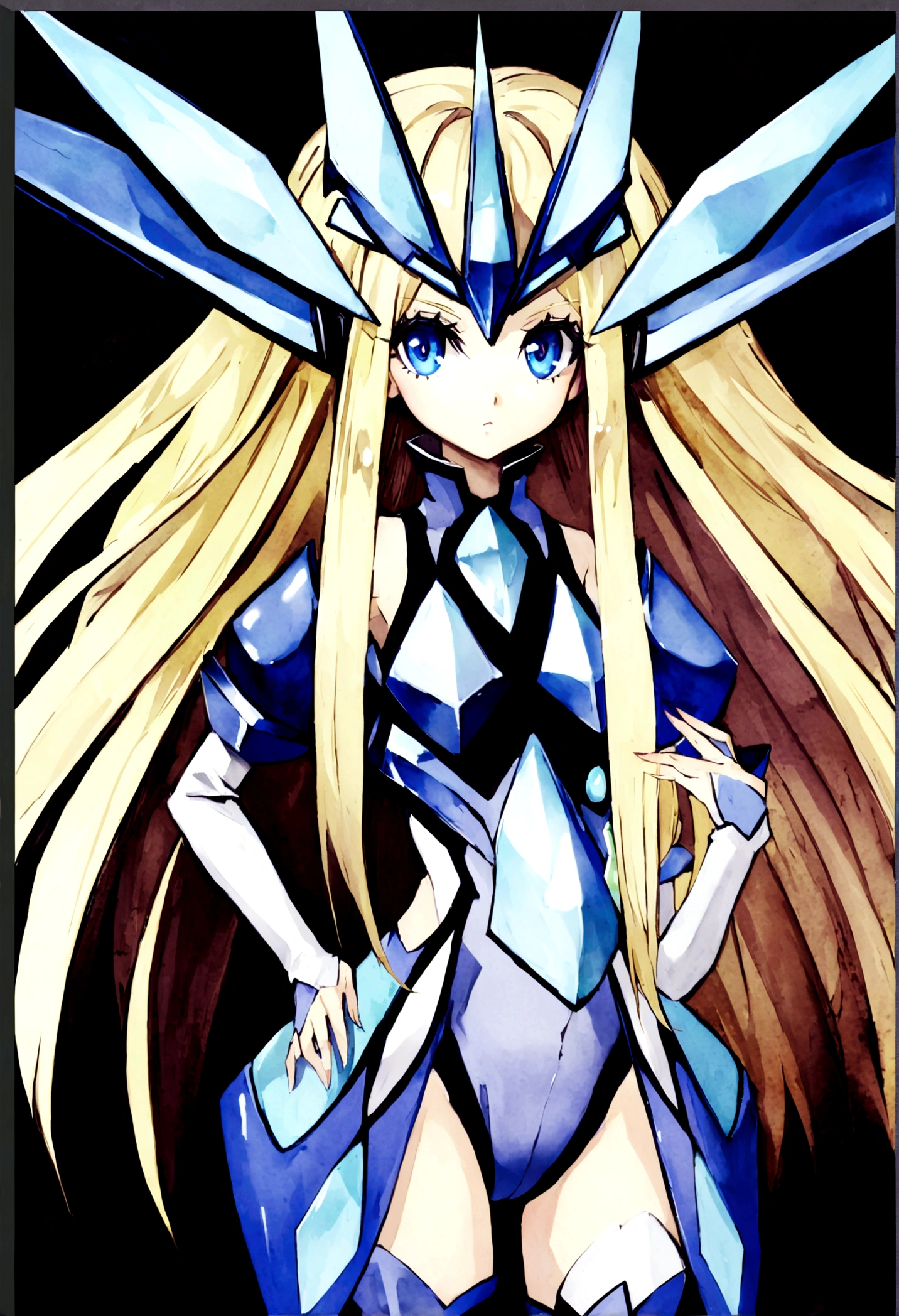 a futuristic magicalgirl, blond long hair, blue eyes, wearing a tight fitting clearly futuristic magicalgirl outfit