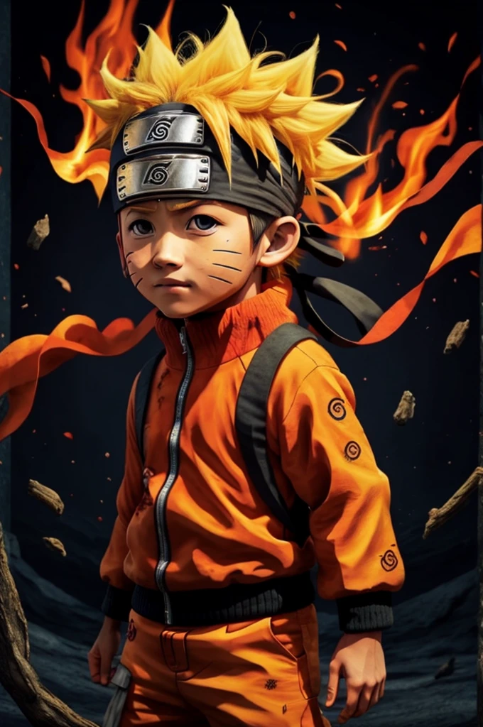 Naruto,1boy, black_background, fire, 9 fox tails,